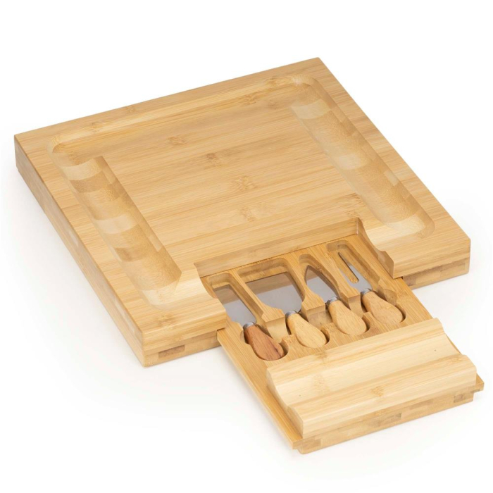 Set servire branzeturi platou bambus sertar glisant 4 accesorii, 33x33x4 cm, compact, maro natur [11]