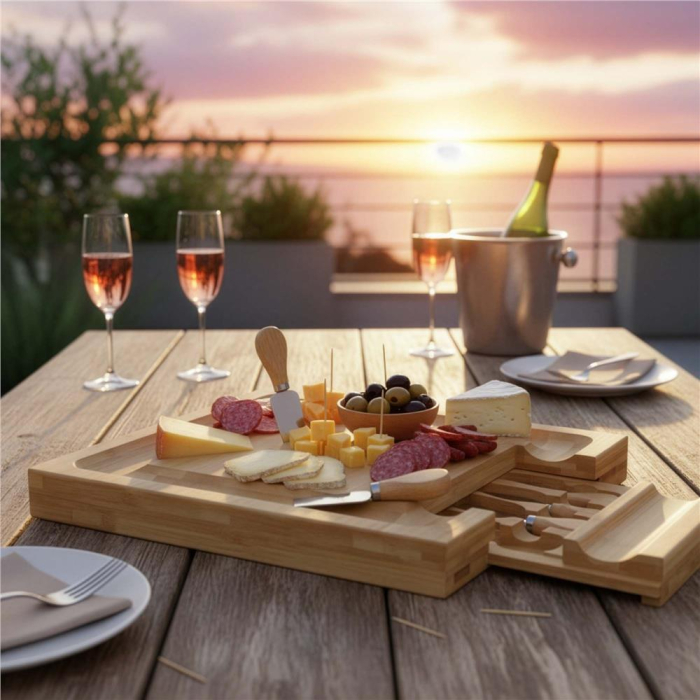 Set servire branzeturi platou bambus sertar glisant 4 accesorii, 33x33x4 cm, compact, maro natur [17]