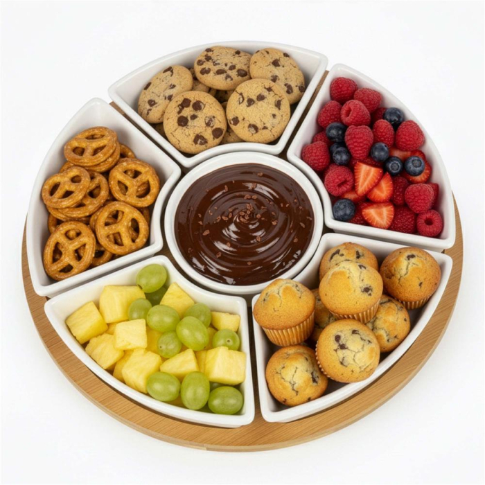 Set servire rotativ platou bambus 6 boluri portelan mecanism 360, 30 cm diametru, natural alb [6]