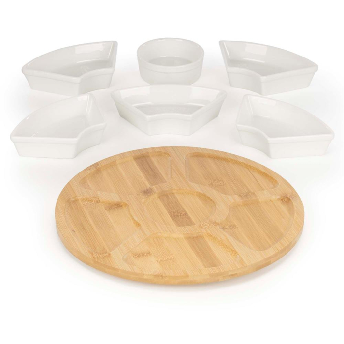 Set servire rotativ platou bambus 6 boluri portelan mecanism 360, 30 cm diametru, natural alb [16]