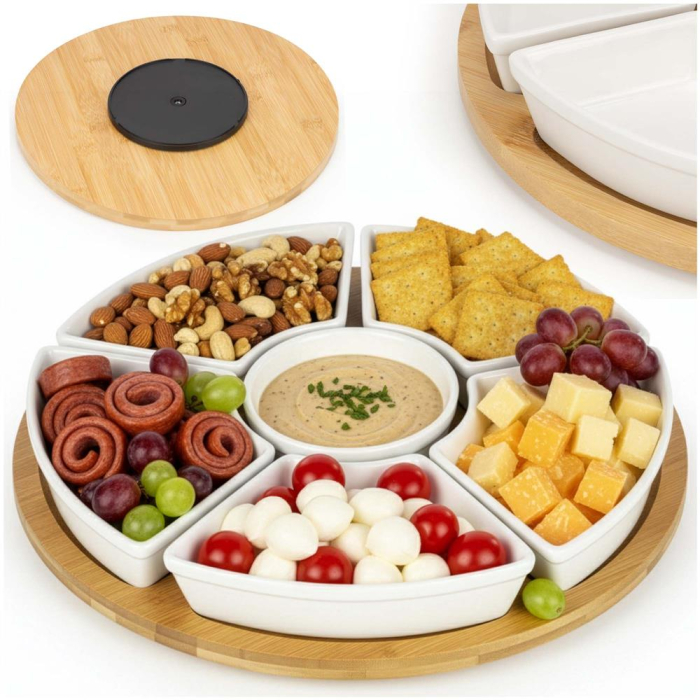 Set servire rotativ platou bambus 6 boluri portelan mecanism 360, 30 cm diametru, natural alb [3]