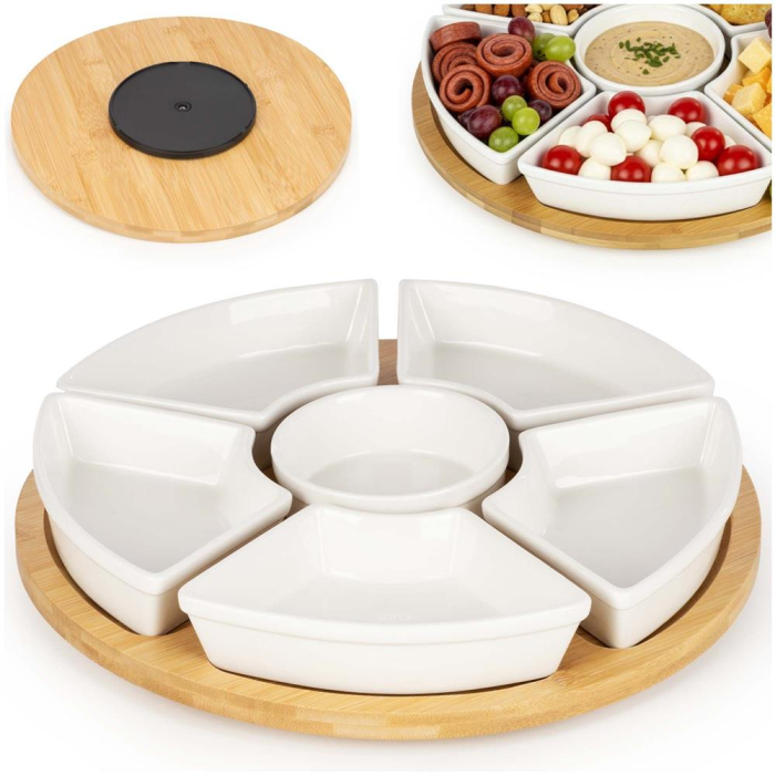 Set servire rotativ platou bambus 6 boluri portelan mecanism 360, 30 cm diametru, natural alb [4]
