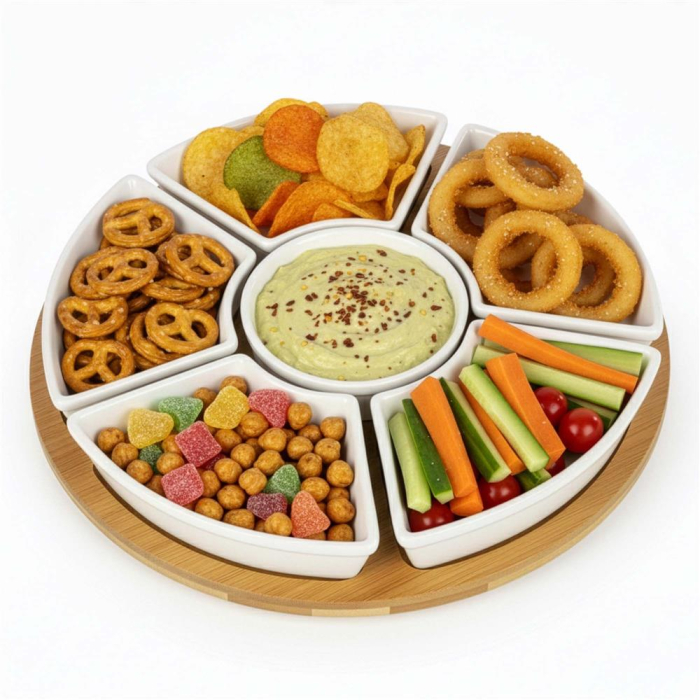 Set servire rotativ platou bambus 6 boluri portelan mecanism 360, 30 cm diametru, natural alb [8]