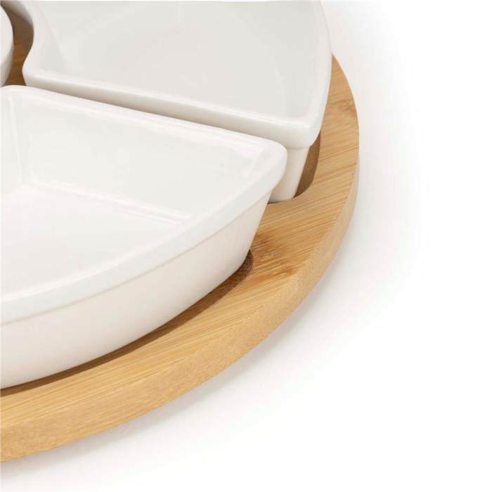 Set servire rotativ platou bambus 6 boluri portelan mecanism 360, 30 cm diametru, natural alb [11]