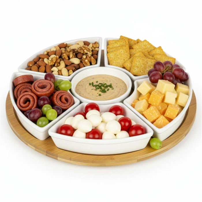 Set servire rotativ platou bambus 6 boluri portelan mecanism 360, 30 cm diametru, natural alb [9]