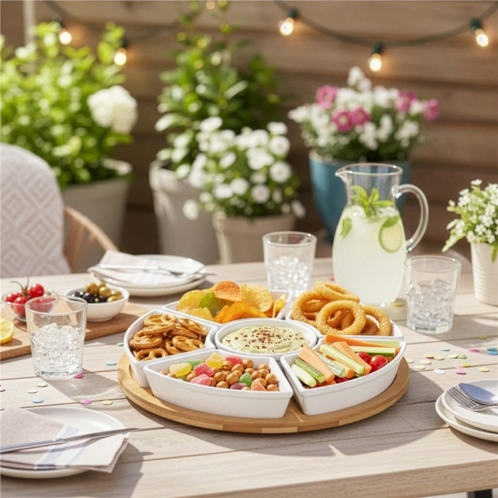 Set servire rotativ platou bambus 6 boluri portelan mecanism 360, 30 cm diametru, natural alb [10]