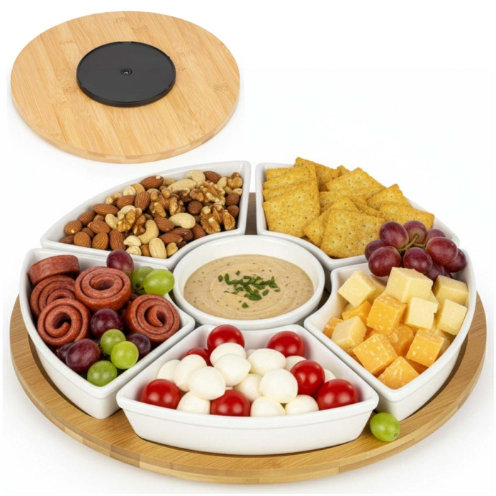 Set servire rotativ platou bambus 6 boluri portelan mecanism 360, 30 cm diametru, natural alb [5]