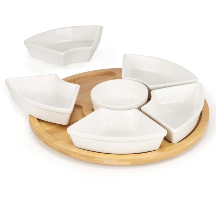 Set servire rotativ platou bambus 6 boluri portelan mecanism 360, 30 cm diametru, natural alb [2]