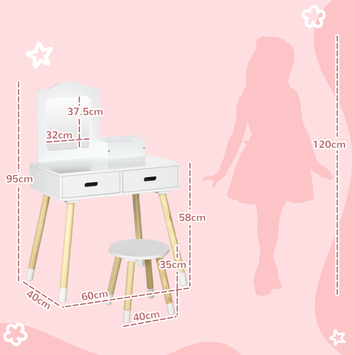  Set Toaleta pentru Copii din Lemn, Masa de Machiaj cu Oglinda, 2 Sertare si Scaunel, 60x40x95 cm, Alb [3]
