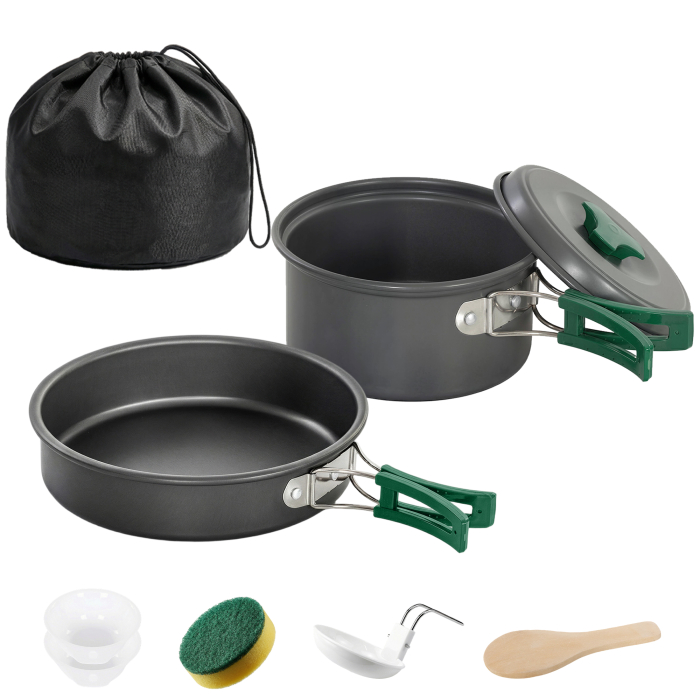  Set vesela pentru gatit camping 8 piese, set exterior cu manere anti-oparire, oala si tigaie care se incalzesc rapid, gri [7]
