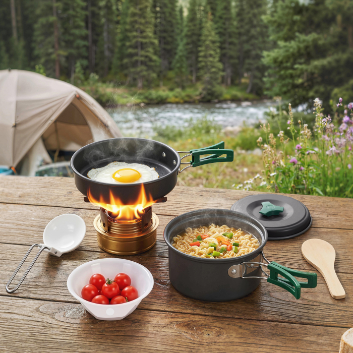  Set vesela pentru gatit camping 8 piese, set exterior cu manere anti-oparire, oala si tigaie care se incalzesc rapid, gri [2]