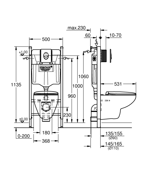 Set WC Grohe 39419000, 156 mm, 197 mm, 90, 110 mm, 180, 230 mm, 531 mm, 368 mm, 2 moduri spalare, Lucios [3]