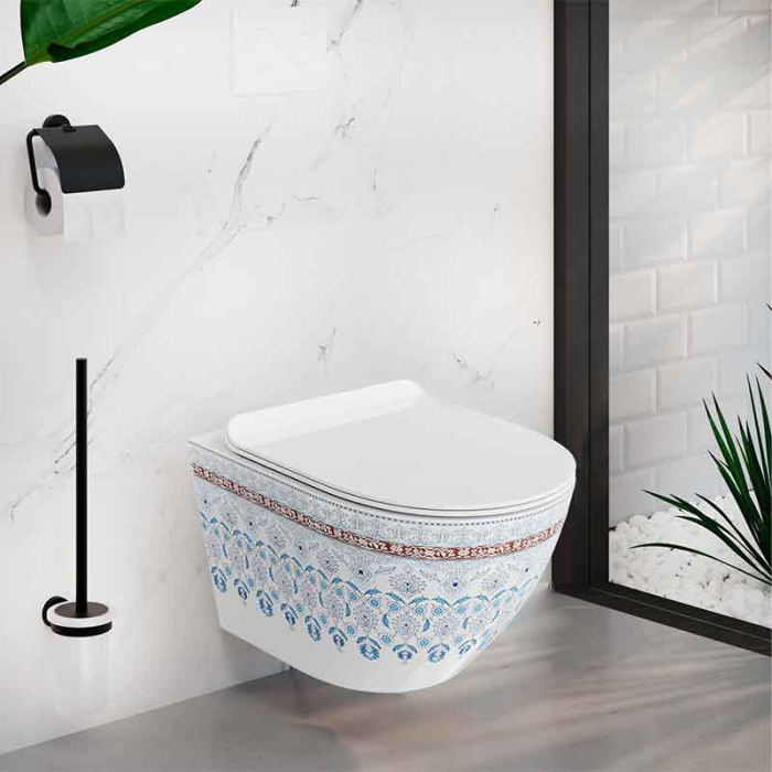 Set WC suspendat Spectrum, Trendi Slim, rimless, cu capac soft close, alb cu model folcloric [2]