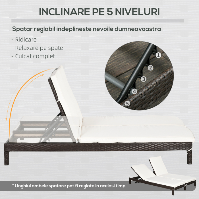  Sezlong cu 2 Locuri din PE Ratan Maro cu Saltea Alba 195 x 120 x 28 cm [5]