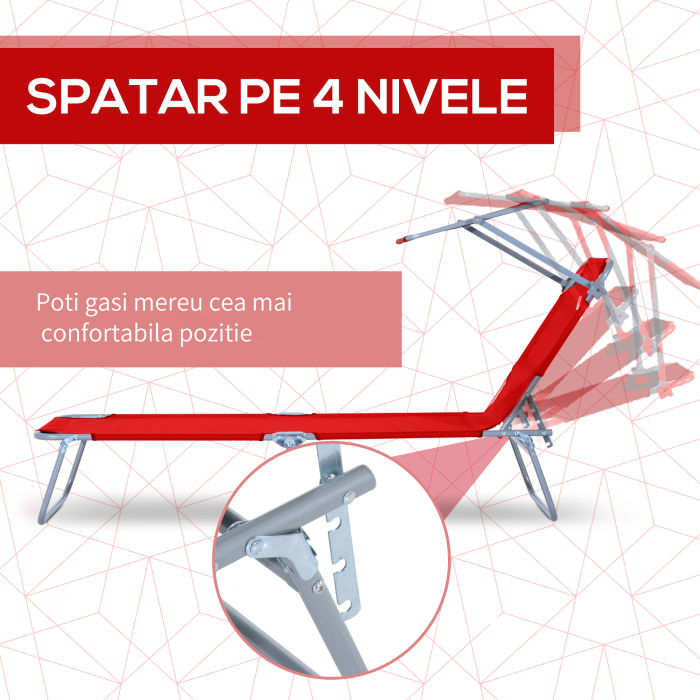  Sezlong de exterior pliabil cu spatar reglabil, sezlong rabatabil cu baldachin pentru plaja, camping, drumetii, gradina [4]