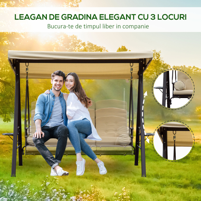  sezlong de Gradina cu 3 Locuri cu Acoperis Basculant si Perne Captusite [7]