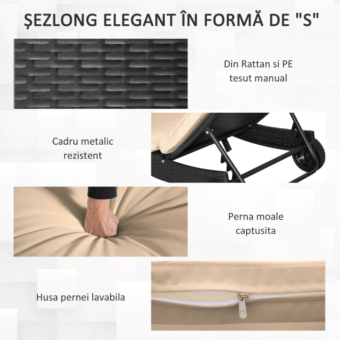  Sezlong de Gradina din Ratan PE, Pat Sezlong cu Spatar Reglabil si Perna Captusita, 207x70x70cm, Negru [6]