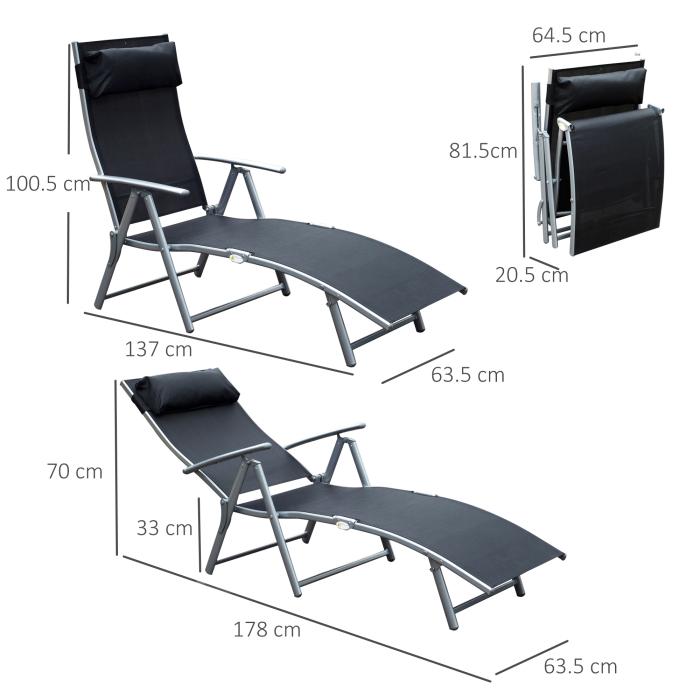  sezlong de Gradina Pliabil cu Perna si Spatar cu 7 Pozitii de inclinare, 137x63.5x100.5 cm, Negru [3]