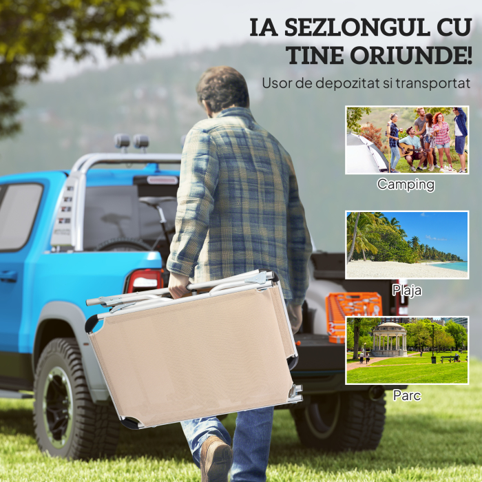  sezlong de plaja, Pliabil cu suport pentru cap, spatar reglabil, aluminiu si textilene, bej [7]
