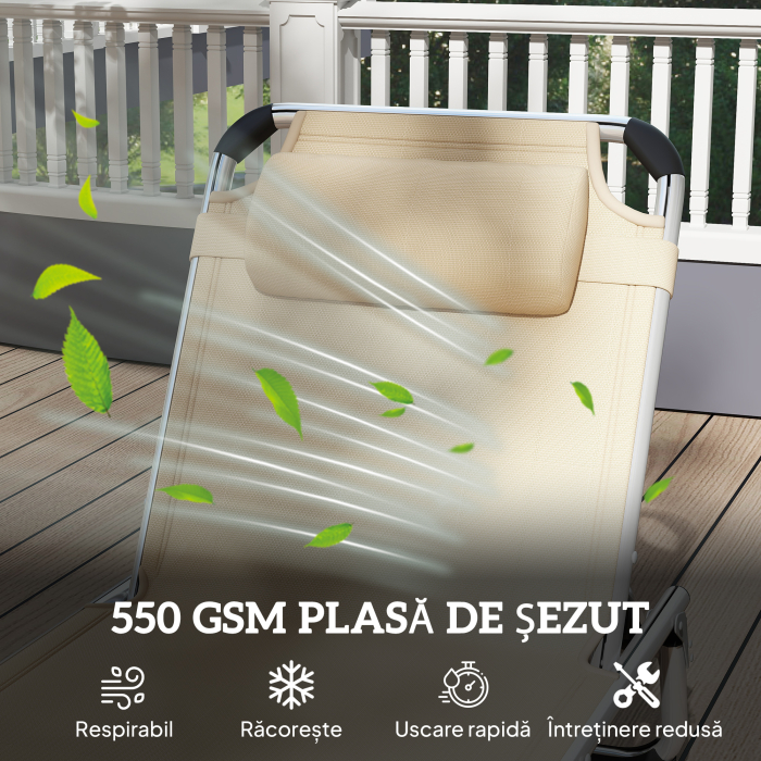  sezlong de plaja, Pliabil cu suport pentru cap, spatar reglabil, aluminiu si textilene, bej [6]