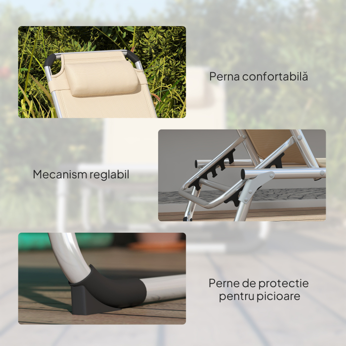  sezlong de plaja, Pliabil cu suport pentru cap, spatar reglabil, aluminiu si textilene, bej [8]