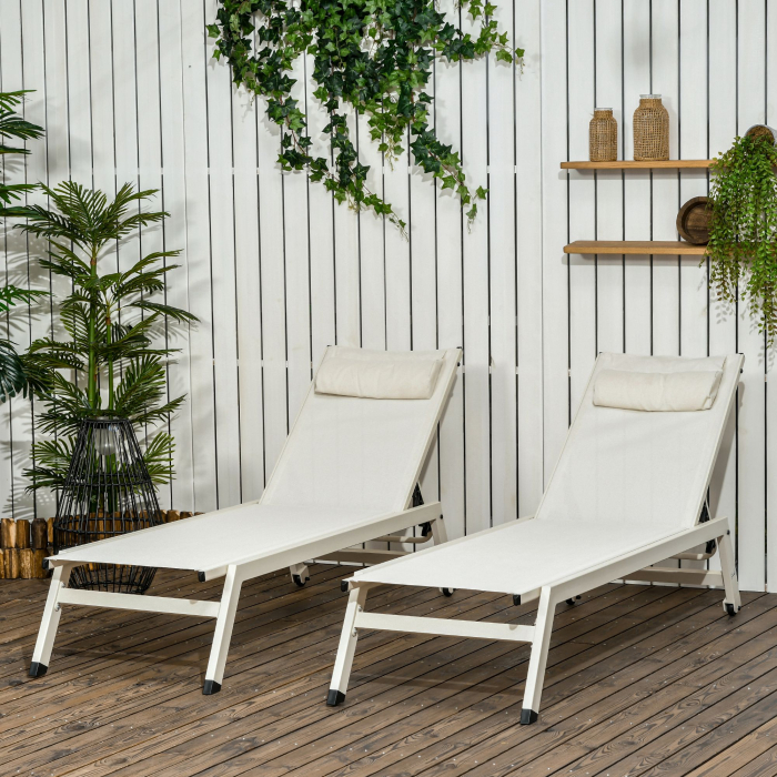  Sezlong din Aluminiu si Poliester, Set  2 Bucati Bej de Gradina cu 5 Niveluri de Inclinare, 55x195x30 cm [2]