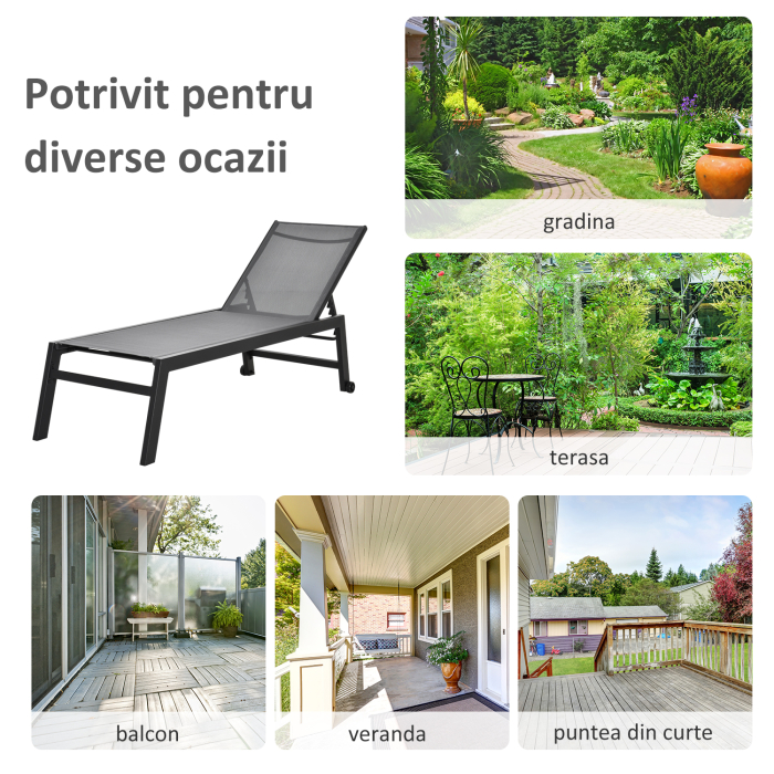  Sezlong din Aluminiu si Textilen cu Spatar Reglabil si Roti Negru si Gri [7]