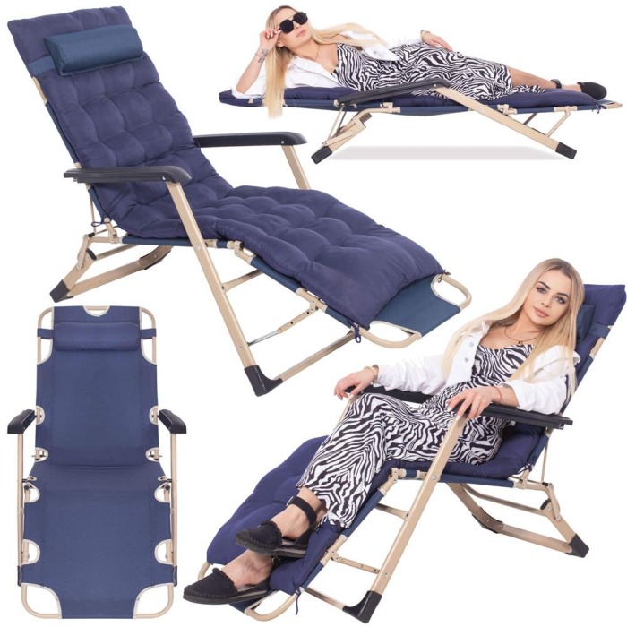 Sezlong metalic reglabil pe pozitii, cu perna si tetiera, 120kg, albastru [14]