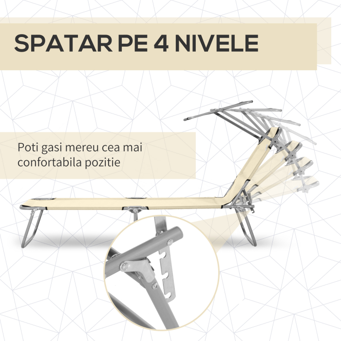  Sezlong pentru Gradina cu Baldachin Reglabil, Sezlong pentru Plaja Pliabil Rabatabil pe 4 Niveluri, Bej [5]