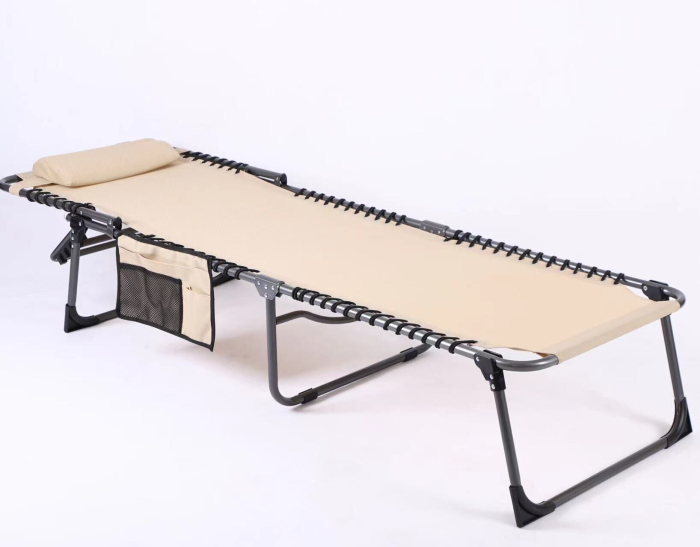 Sezlong pliabil 190x58x30 cm, cu spatar reglabil, perna si buzunar lateral, cadru metalic, crem [8]