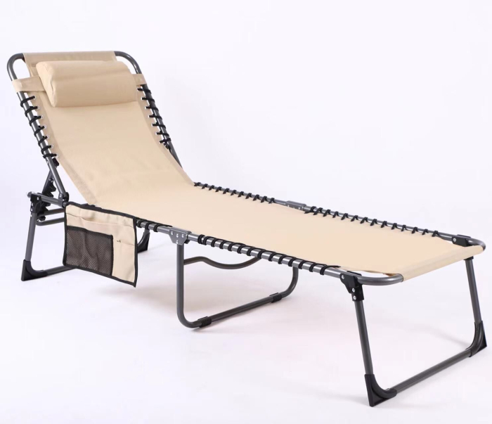Sezlong pliabil 190x58x30 cm, cu spatar reglabil, perna si buzunar lateral, cadru metalic, crem [2]