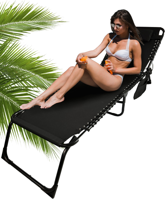 Sezlong pliabil 190x58x30 cm, cu spatar reglabil, perna si buzunar lateral, cadru metalic, negru [6]