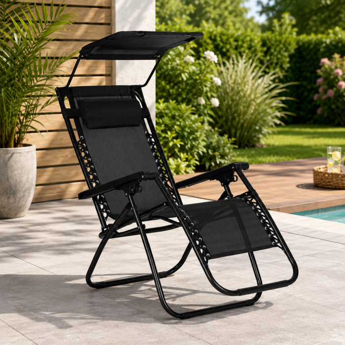 Sezlong pliabil 86x67x120 cm, zero gravity, copertina reglabila, spatar 3 pozitii, cadru otel si material impermeabil, negru [11]