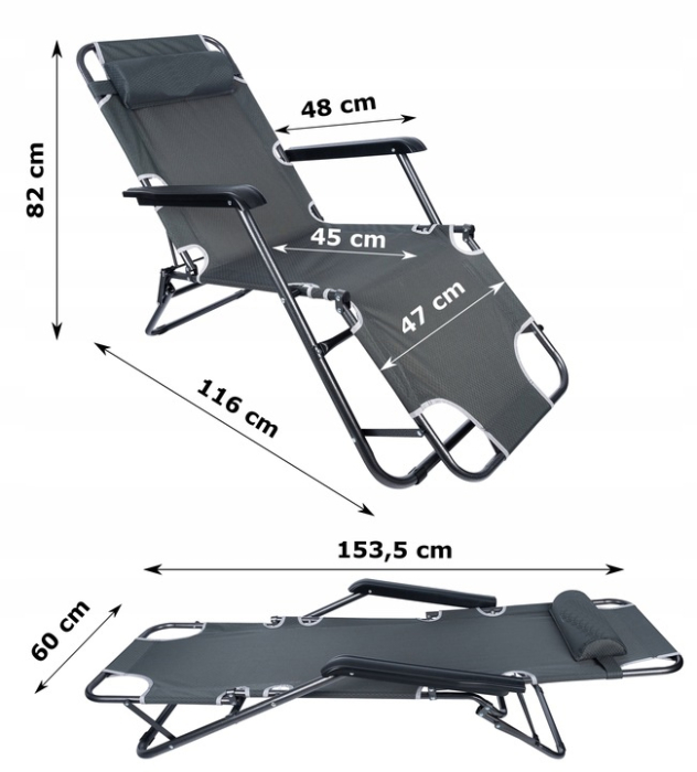 Sezlong pliabil, cadru metalic, reglabil in 3 pozitii pana la complet orizontal, cu tetiera, 153x60 cm, gri [5]
