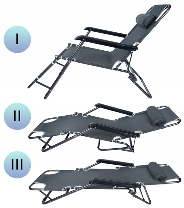 Sezlong pliabil, cadru metalic, reglabil in 3 pozitii pana la complet orizontal, cu tetiera, 153x60 cm, gri [6]