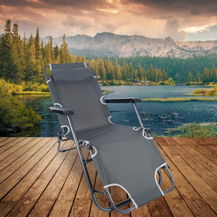 Sezlong pliabil, cadru metalic, reglabil in 3 pozitii pana la complet orizontal, cu tetiera, 153x60 cm, gri [3]
