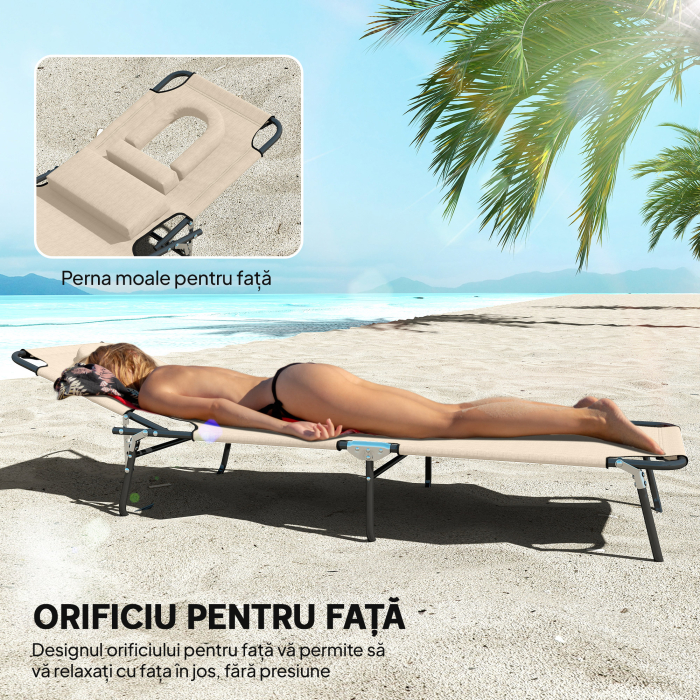  sezlong Pliabil cu Orificiu pentru Fata Captusit si Spatar Rabatabil, Bej [7]