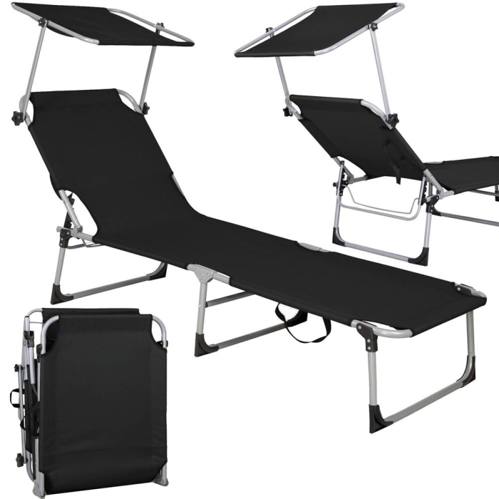 Sezlong pliabil cu parasolar, 188x57x38cm, sarcina 120kg, gri antracit [12]