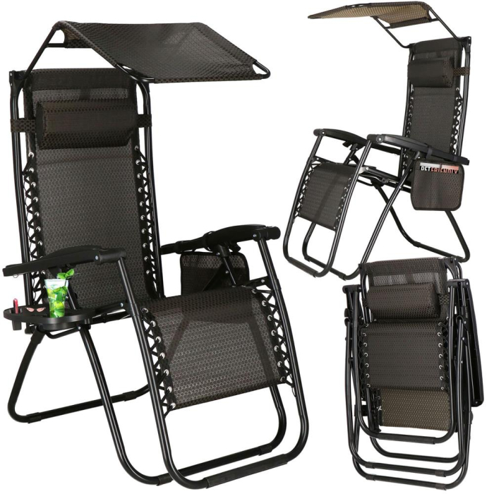 Sezlong pliabil cu parasolar si suport pahare, spatar blocare pozitie, textilene impermeabil, max 130 kg, 77x110x175 cm, maro [6]