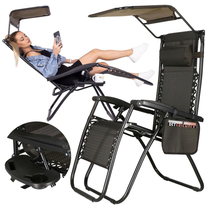 Sezlong pliabil cu parasolar si suport pahare, spatar blocare pozitie, textilene impermeabil, max 130 kg, 77x110x175 cm, maro [25]