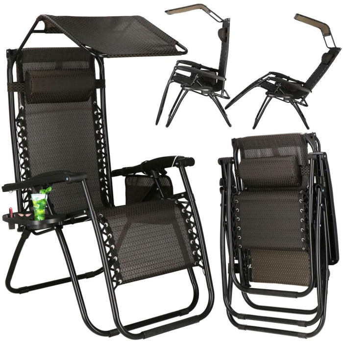 Sezlong pliabil cu parasolar si suport pahare, spatar blocare pozitie, textilene impermeabil, max 130 kg, 77x110x175 cm, maro [2]
