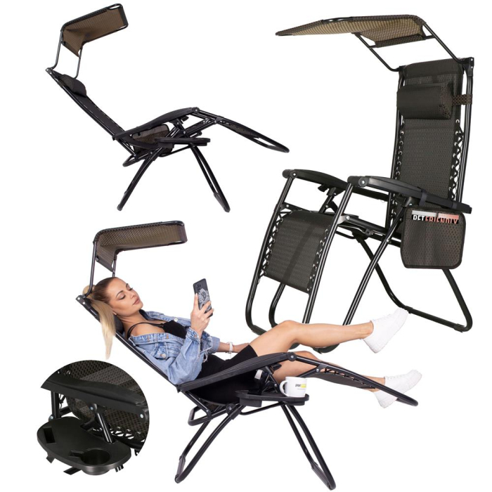 Sezlong pliabil cu parasolar si suport pahare, spatar blocare pozitie, textilene impermeabil, max 130 kg, 77x110x175 cm, maro [30]