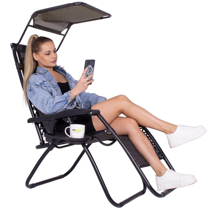 Sezlong pliabil cu parasolar si suport pahare, spatar blocare pozitie, textilene impermeabil, max 130 kg, 77x110x175 cm, maro [27]