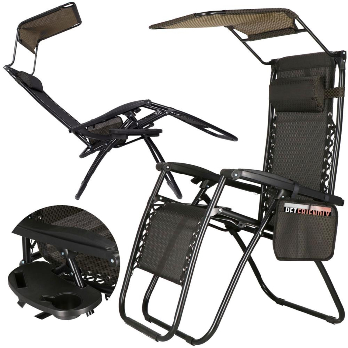 Sezlong pliabil cu parasolar si suport pahare, spatar blocare pozitie, textilene impermeabil, max 130 kg, 77x110x175 cm, maro [26]