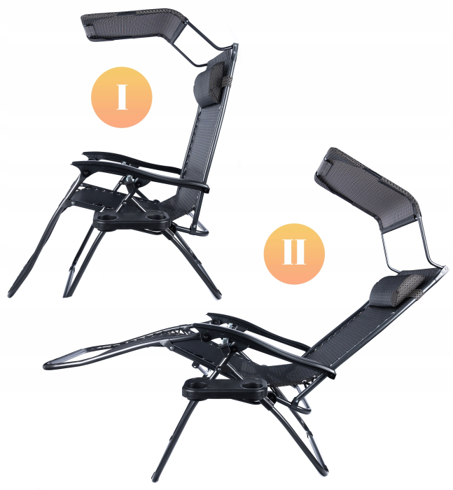 Sezlong pliabil cu parasolar si tetiera, reglabil in 2 pozitii, suport pahare, 174cm, gri [9]