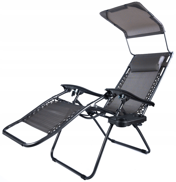 Sezlong pliabil cu parasolar si tetiera, reglabil in 2 pozitii, suport pahare, 174cm, gri [10]