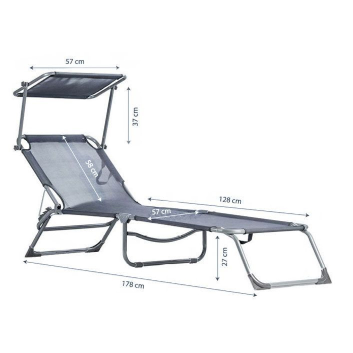 Sezlong pliabil cu parasolar, spatar reglabil, 178x57 cm, 150 kg, gri [5]