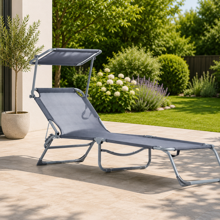 Sezlong pliabil cu parasolar, spatar reglabil, 178x57 cm, 150 kg, gri [6]