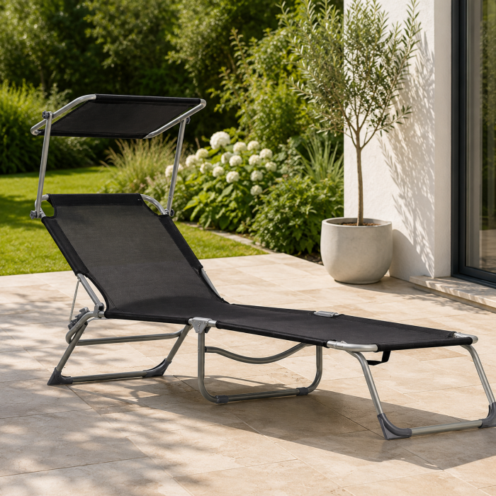 Sezlong pliabil cu parasolar, spatar reglabil, 178x57 cm, 150 kg, negru [7]