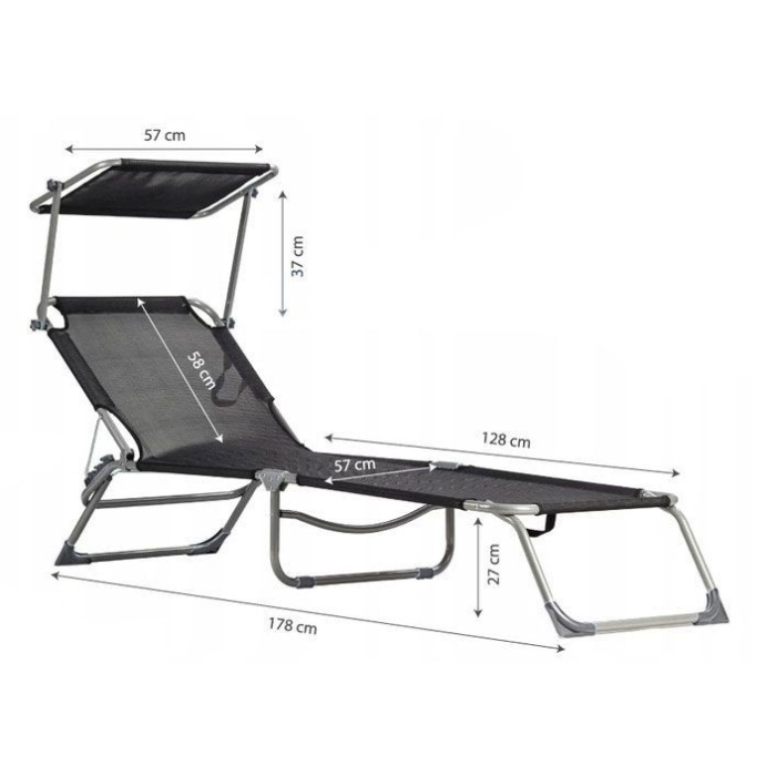Sezlong pliabil cu parasolar, spatar reglabil, 178x57 cm, 150 kg, negru [6]